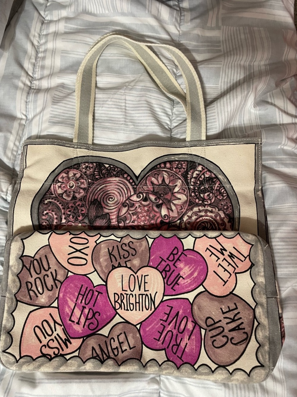 Brighton Cream Canvas Tote with Pink Heart Artwork